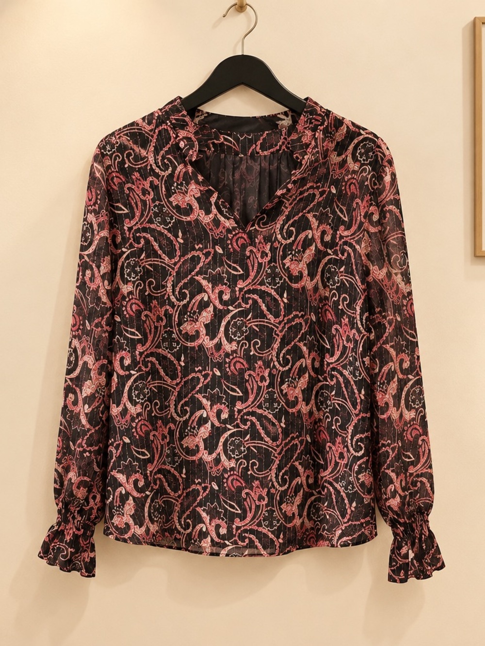 Anthropologie Black Blouse with Pink Paisley Print